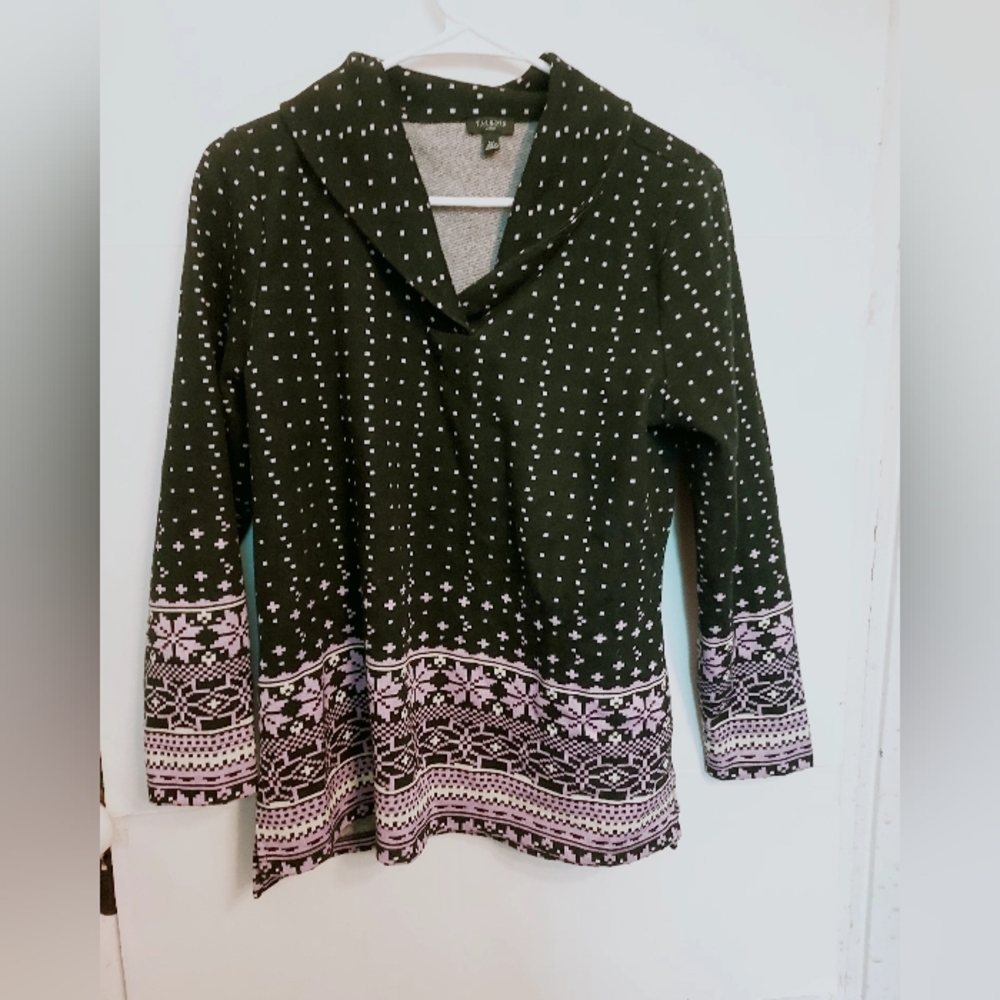 Talbots Women's Black and Pink Patterned Top V Neck Collared
